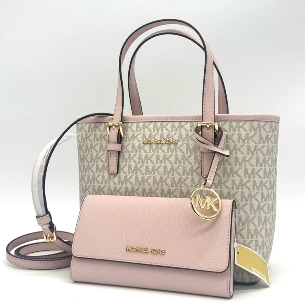 Michael Kors Jet Set Travel Top-Zip Tote Bag & Trifold Wallet Powder Blush Set